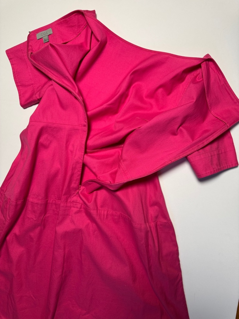 COS Day Dress 100% Cotton Bright Pink Fit and Flare‎ Midi Dress Scoop Neck 6 - Picture 11 of 13